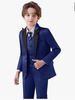 Boys Navy Blue 4-Piece Suit with Black Satin Lapel size 7